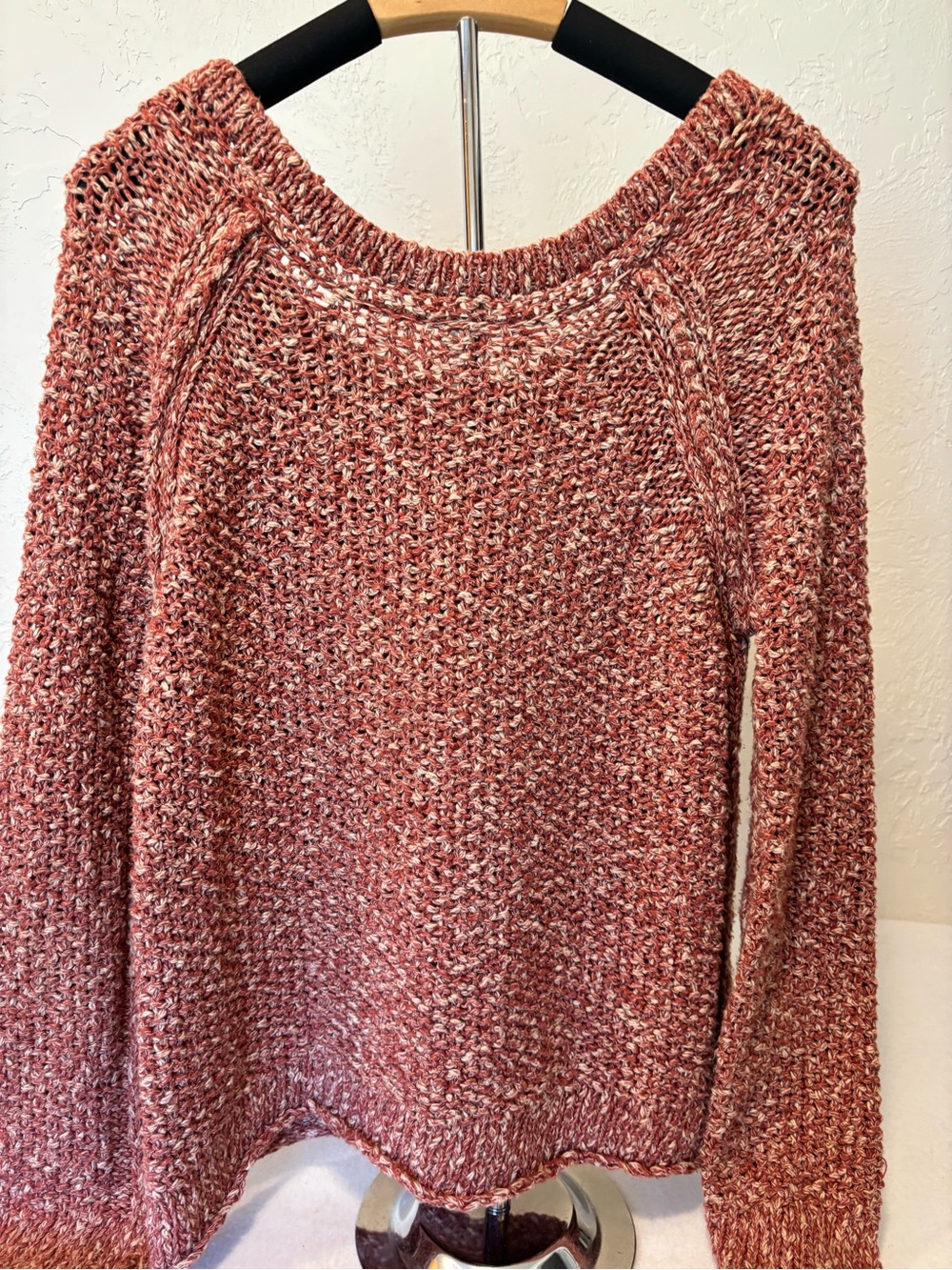 Free People Marled Knit Pullover Sweater Med Cream‎ & Rust Chunky Boho Relaxed